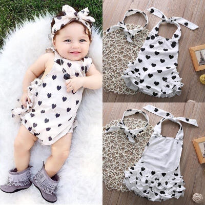 

2pcs Newborn Baby Girls Heart Bodysuit Romper Jumpsuit Headband Outfits Sets 0-24M