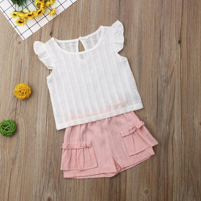 

Newborn Toddler Baby Girl Pink pocket shorts Flying Sleeve Tops T-shirt Set