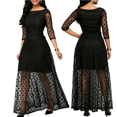 

Plus Size Women Polka Dot Mesh Black Long Maxi Dress Party Clubwear Sundress