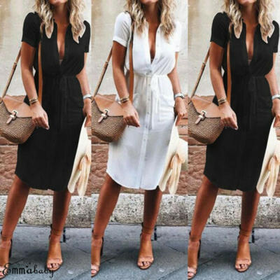 

Frauen Kurzarm Minikleid V-Ausschnitt Sommerhemd Kleid Strand Casual Holiday