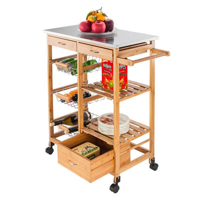

Wood Kitchen Trolley Cart Stainless Steel Top Rolling Storage Cabinet Island
