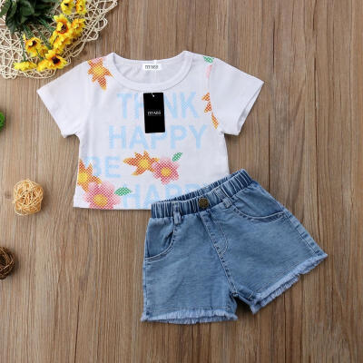 

Summer Toddler Kids Baby Girl Letter Printed Outfits Clothes T-shirt TopsPants Denim Shorts 2PCS Set