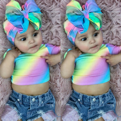 

USA Toddler Kids Baby Girl Summer Tops T-shirt Denim Shorts 3Pcs Outfits Clothes