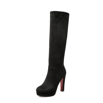 

IDIFU Womens Sexy Faux Suede Plain Round Toe Chunky High Heel Platform Side Zipper Under Knee High Biker Boots Shoes