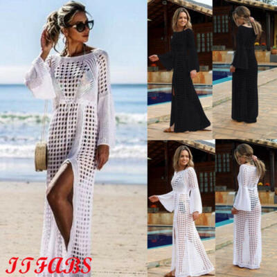 

2019 Women Hollow Knitted Beach Long Sleeve Bikini Cover Up Maxi Holiday Dress