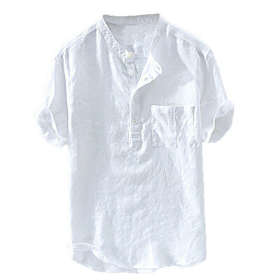 

Summer Mens Cotton Linen T Shirt Henley Tops Casual Loose V Neck Short Sleeve