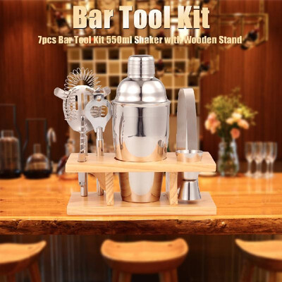 

7pcs Bar Tool Cocktail 550ml Shaker Wooden Stand Bartender Kit Jigger Opener Shaker Tong Drink Mixing for Parties Bar