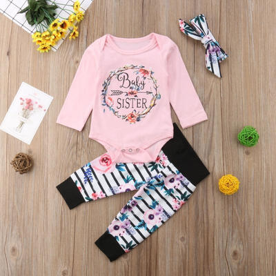 

3 pcs Newborn Baby Girls Flower Romper Kids Cotton Long Pants Bodysuits Headband Outfit Clothes