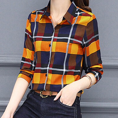 

Starmoon Fashion Women Business Shirt Lattice Printing Long Sleeveless Lapel Blouse
