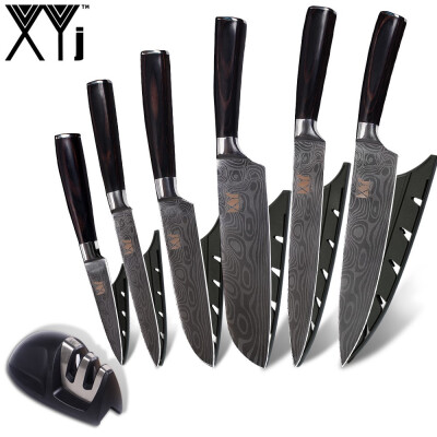 

XYj MINI Knife Sharpener Stainless Steel Knife Imitation Damascus Pattern Blade Kitchen Knives 7 Piece Set