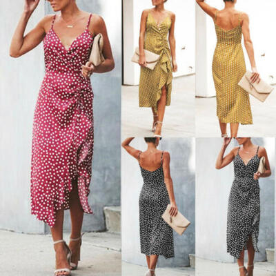 

Sexy Womens Polka Dot Midi Asymmetric Evening Party Dress V-Neck Beach Sundress