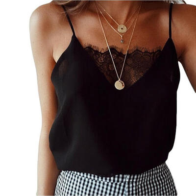 

Women&39s Sleeveless Spaghetti Strap V Neck Lace Trim Cami Tank Top T Shirt Blouse Camis Vest