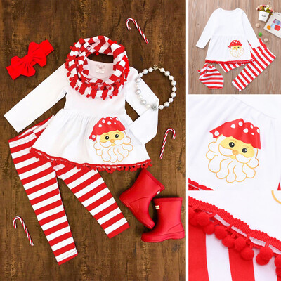 

Toddler Baby Girls Christmas XMAS Santa Print Dresses Striped Pants Clothing Set