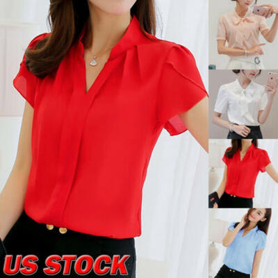 

Women Spring T-Shirt Summer Top V Neck Short Sleeve Loose Chiffon Shirt 2XL