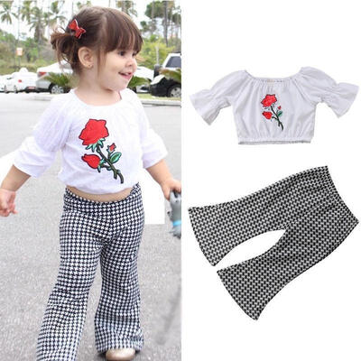 

Toddler Kids Baby Girls Trumpet Sleeves Tops Embroidery Rose Tops Pants Outfits Set