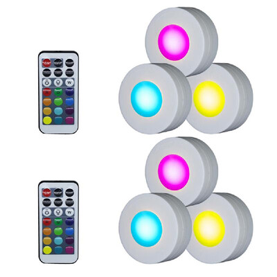 

Colorful LED Multicolored Under Cabinet Stage Lamp Puck Light with Remote Control Brightness Adjustable Dimmable Timing for Cloakr