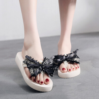 

Rose Fashion Women Slip-on Flip-flops Wedges Heels Causal Bow Slipper Slides Shoes