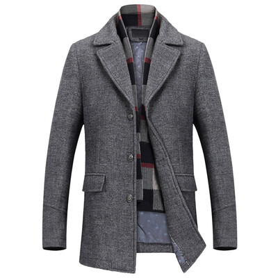 

Men\s Woolen Casual Windbreaker Coat with Scarf