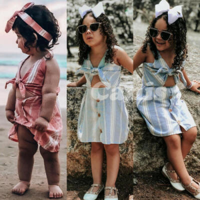 

US Summer Toddler Kids Baby Girls Sleeveless Clothes Stripe Bow-knot Party Dress