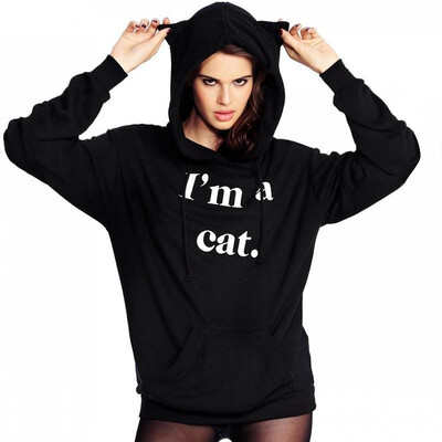 

New Fashion Women Hoodie Sweatshirts Cat Ear Letter Print Long Sleeve Casual Loose Pullover Hooded Tops