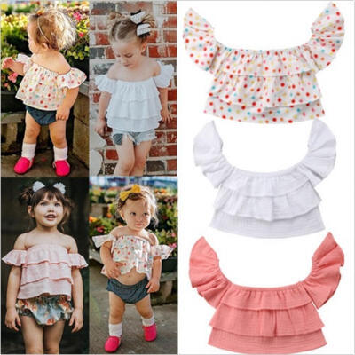 

2018 Cute Toddler Kid Baby Girl Summer Off Shoulder Ruffled Dot Top T-shirt Blouse 0-3Y
