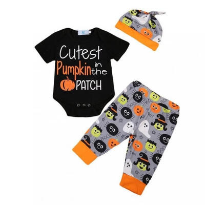 

3PCS Set Newborn Baby Boy Girl Halloween Clothes Black Romper Pants Hat Outfits