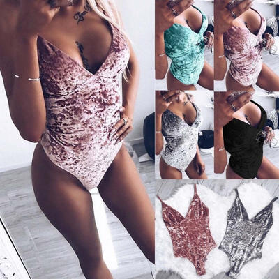 

Womens Sleeveless Velvet Bodysuit Leotard Tops Bodycon Jumpsuit Romper Tops Blouse