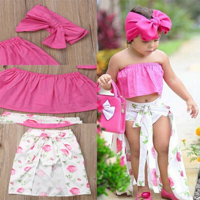 

Toddler Baby Kids Girls Summer Outfits Off Shoulder Crop Tops Floral Shorts Skirts Clothes Set 3pcs