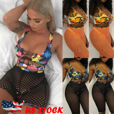 

Women Swimsuit Bodycon Bikini Set Push-up Padded BraFishnet Shorts Bathing Suit