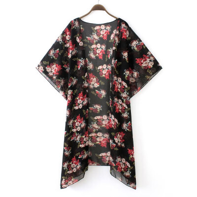 

Women Bikini Kimono Floral Leaves Print Open Front Irregular Low High Hemline Casual Cover Up Black