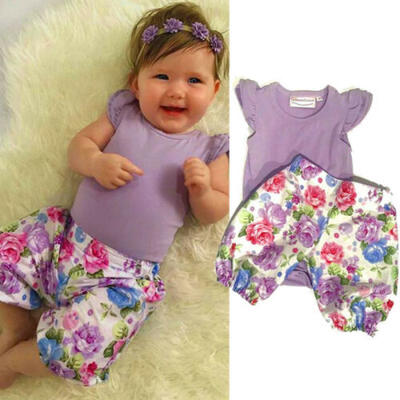 

Sweet Baby Girls Fly Sleeve RomperFlower Short Pants Headband Summer Outfit Set