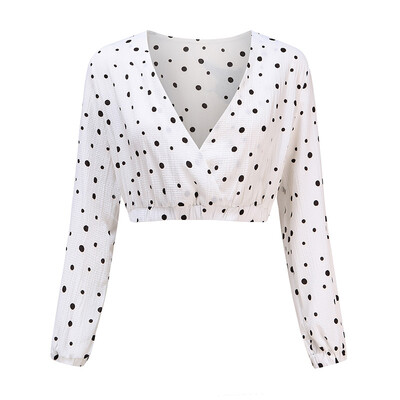 

PREISEI Summer Women Sexy Sweet White Polka Dot V-Neck Long Sleeve Cotton Short Blouse Shirt Tops Blusa Feminina PR180602