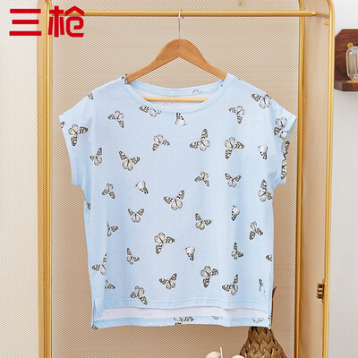 

Three guns T-shirt female cotton 2019 spring&summer new product Shu cotton print round neck also sleeve bottoming blouse home service shirt butterfly