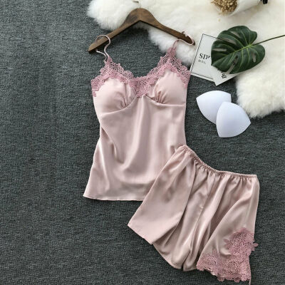 

Summer Women Sexy Pajamas Silk Pijamas Sleepwear Deep V Sling Lingerie Set