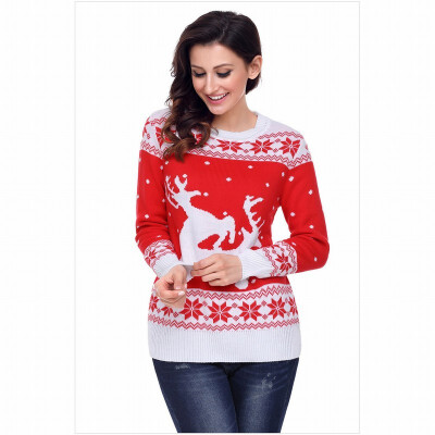 

Two-tone stitching round neck long sleeve snow pattern knit sweater