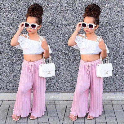 

Striped Lace Kids Toddler Girl Off Shoulder Crop Top Long Pants Outfits Clothes