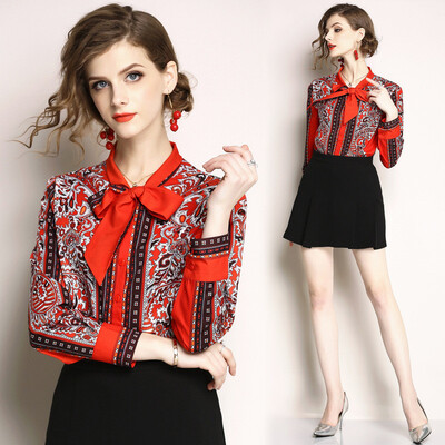 

DFYOP New Style Womens Retro Fashion Bow Tie Long Sleeved Shirts