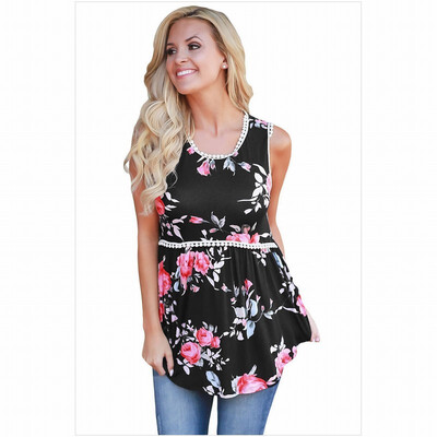 

Multi-color optional round neck sleeveless floral print hem top