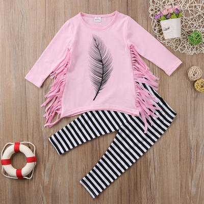 

Toddler Baby Girls Long Sleeve Tassel Tops Striped Long Pant Outfits Clothes Set 2PCS