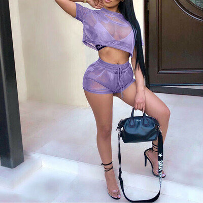 

Women 2 Piece Hollow Mesh Crop Top Shorts Set Jumpsuit Romper Short Sleeve