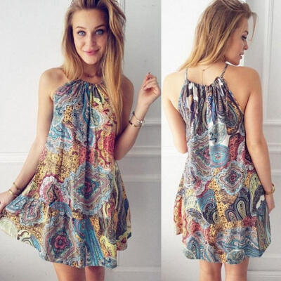 

Women Summer Boho Sleeveless Floral Evening Party Casual Beach Dress Short Mini Dress