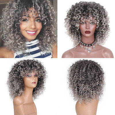 

〖Follure〗hort Afro Curly Mix Gray Hair Wig with Bangs Synthetic New Arrival Cheap Wigs