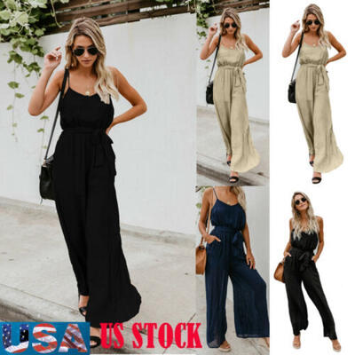 

US Women V Neck Loose Playsuit Party Ladies Romper Sleeveless Long Pant Jumpsuit