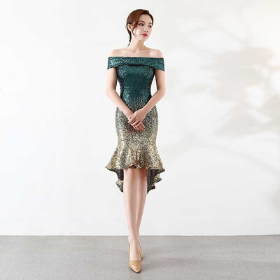 

Short Front Long Back Mermaid Evening Dress Fashion Boat Neck Gradient Color Sequin Long Party Dinner Evening Dress