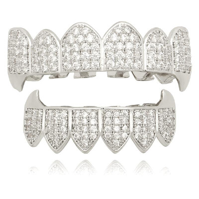 

Hip Hop Teeth Grillz Golden Silvery Plated Iced out Grillz Custom Simulated Diamond Teeth Cap Top & Bottom Grillz Caps