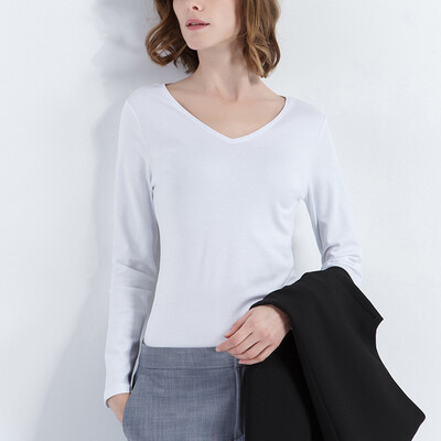 

CANVAUS Spring Autumn Women Cotton Solid Slim V-neck Long Sleeve T-shirt Simple Casual Office Lady Undershirt Tops F197A
