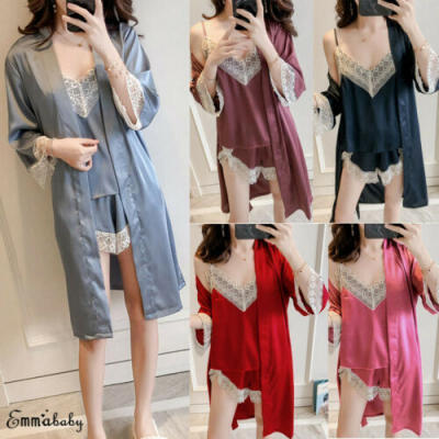 

3Pcs Summer Womens Sexy Pajamas Silk Pajamas Sleepwear Deep V Sling Lingerie Set