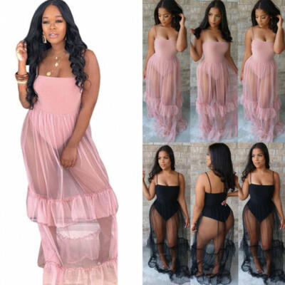

Women Sexy Mesh Sheer See-through Top Blouse Tulle Lace Midi Long Dress Sundress