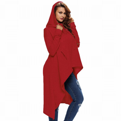 

Gray plain zipper long sleeve loose front short long hooded top