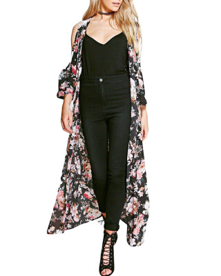 

New Women Chiffon Loose Cardigan Open Front Floral Print 34 Sleeves Thin Vintage Casual Outerwear Black